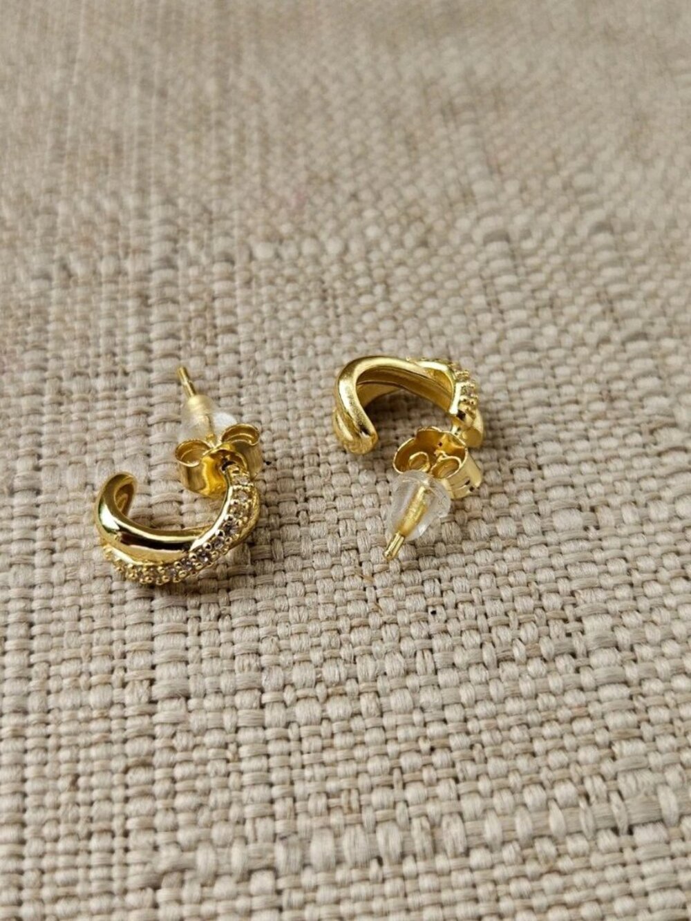 Gold Tone Twisted Hoop Earrings with Rhinestones Fashion Jewelry Stud Earrings - Picture 3 of 11